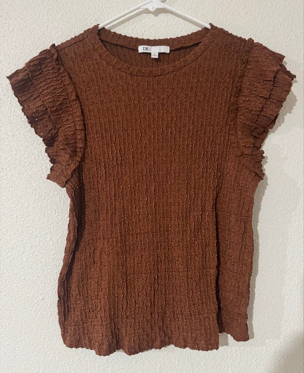 DR2 by Democracy Medium Brown Crinkle Smocked Ruffle Sleeve Top Blouse Boho